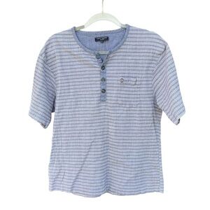 Vintage Kansai Yamamoto Cotton Linen Stripe Henley Short Sleeve Gray Medium GUC